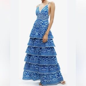 Caroline Constas NWT Blue White Print Spaghetti Straps Tiered Cotton Maxi Dress